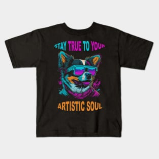 Dog Wearing Sunglasses - Retro Retrowave T-Shirt Design - Vector 2D Flat Punk Rock Graffiti Kids T-Shirt